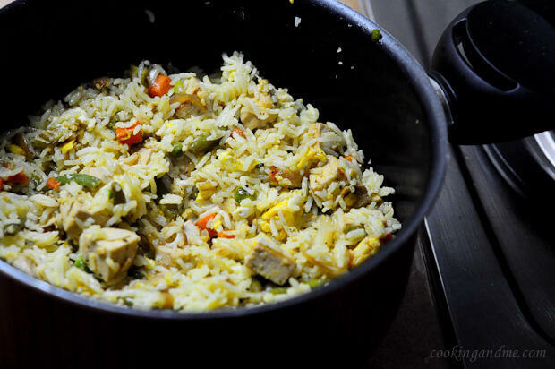 Stir-fried tofu with vegetables and egg fried rice