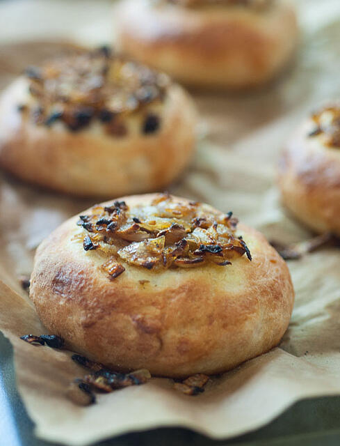 bialys-chewy bread rolls with onion filling