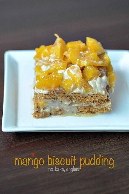Eggless no bake mango biscuit pudding recipe step by step