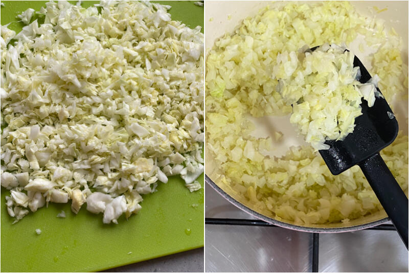 chopping and cooking cabbage for cabbage kootu