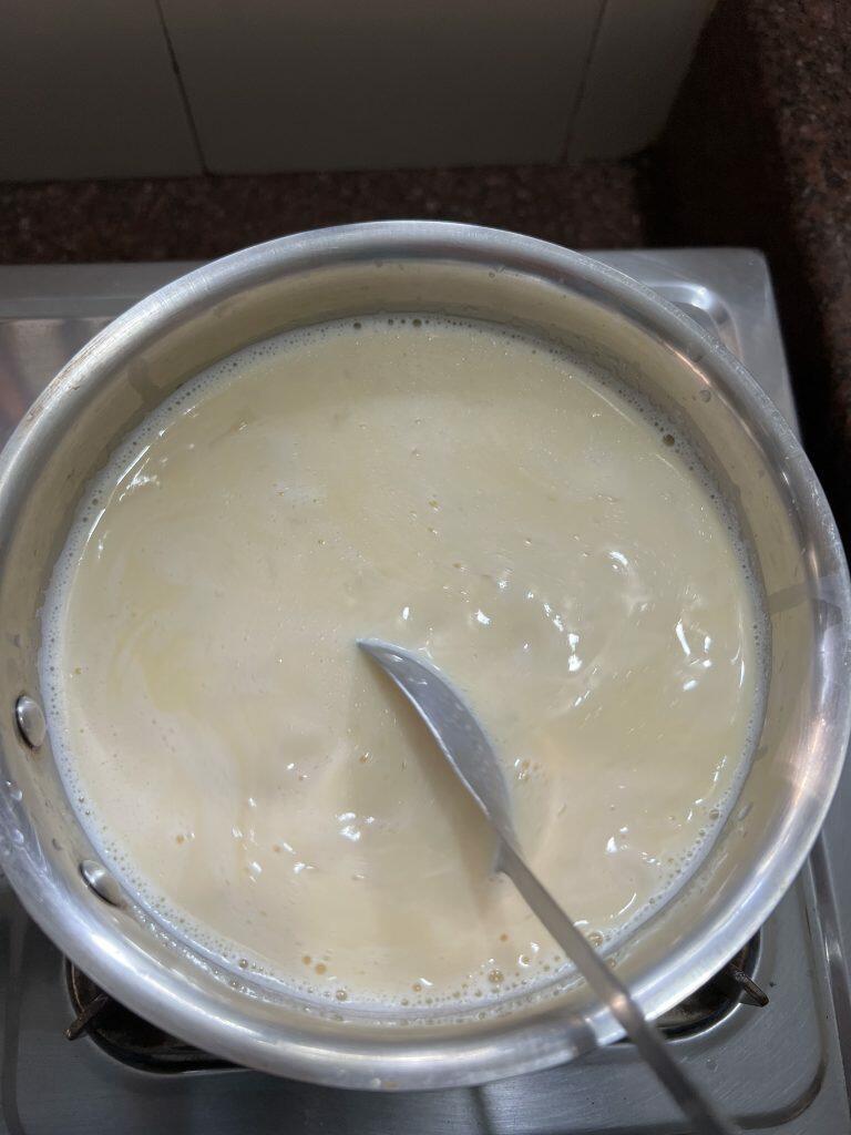 eggless butter pudding - cooking the mixture