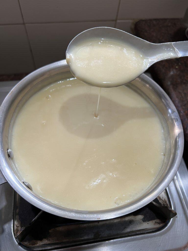 eggless butter pudding - cooking the mixture